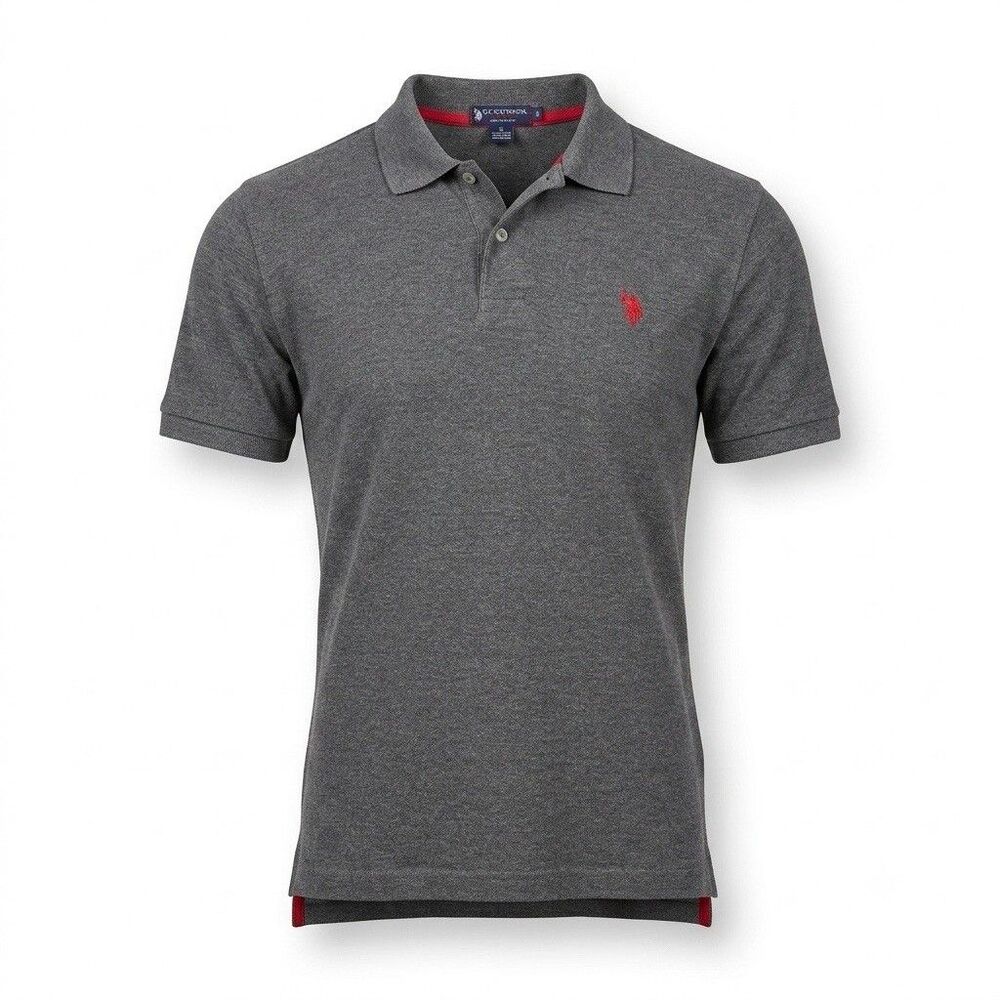 U.S. Polo Assn Shirt Men's Large L Gray Short Sleeve Red Logo Collar Polo Pique